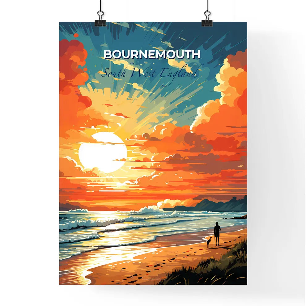 Bournemouth, South West England, A Poster of a person walking a dog on a beach Default Title