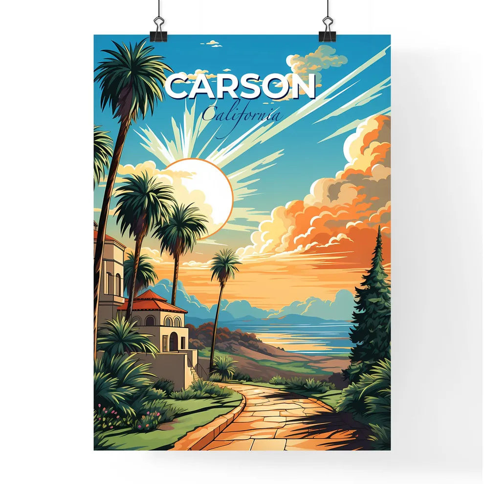 Carson, California, A Poster of a landscape with a house and palm trees Default Title