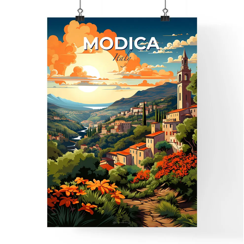 Modica, Italy, A Poster of a landscape with a city and a river Default Title