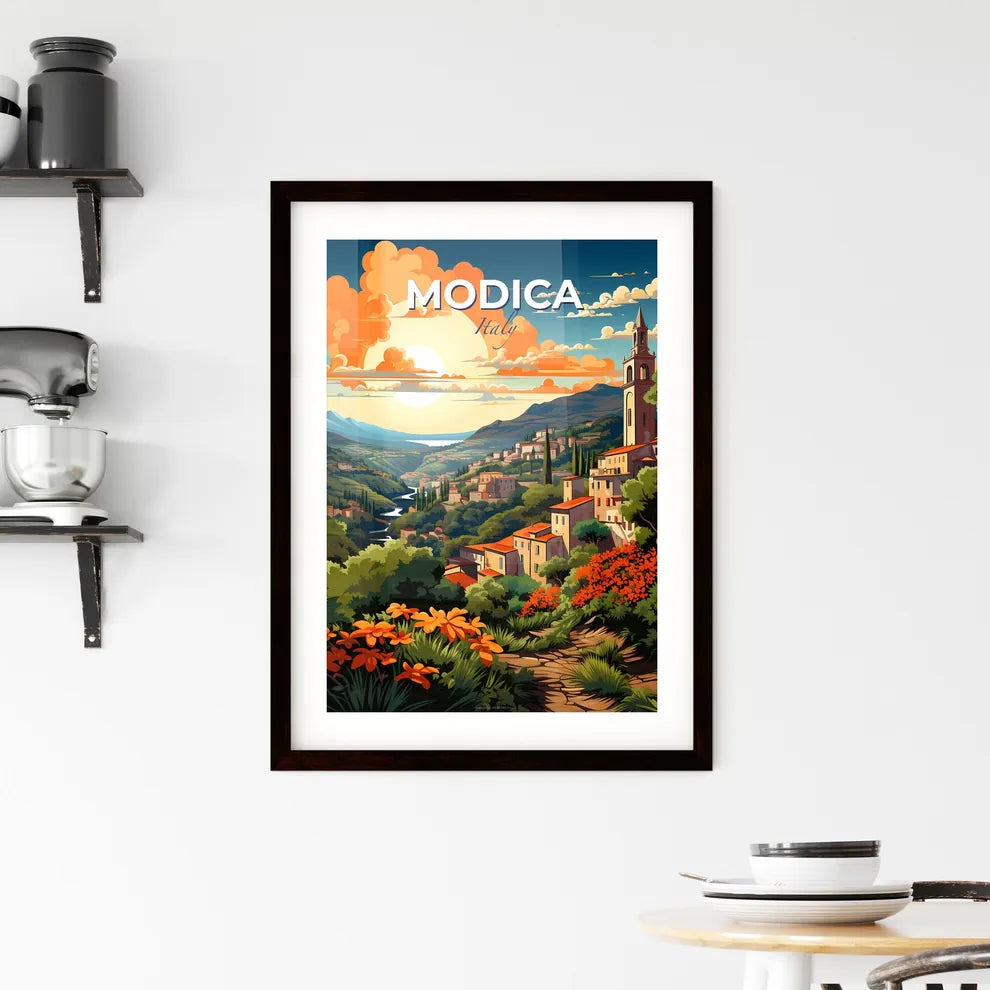 Modica, Italy, A Poster of a landscape with a city and a river Default Title