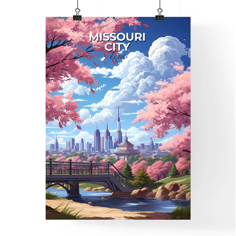 Missouri City, Texas, A Poster of a bridge over a river with pink trees and a city in the background Default Title
