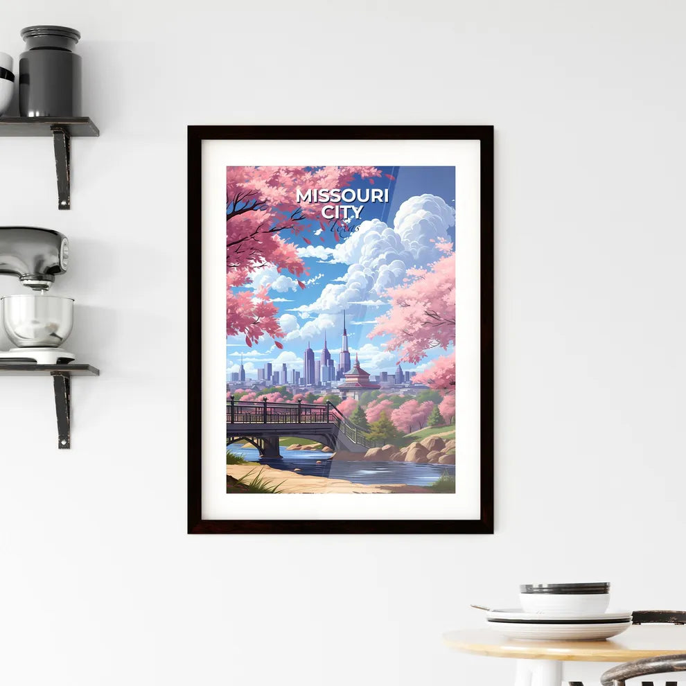 Missouri City, Texas, A Poster of a bridge over a river with pink trees and a city in the background Default Title