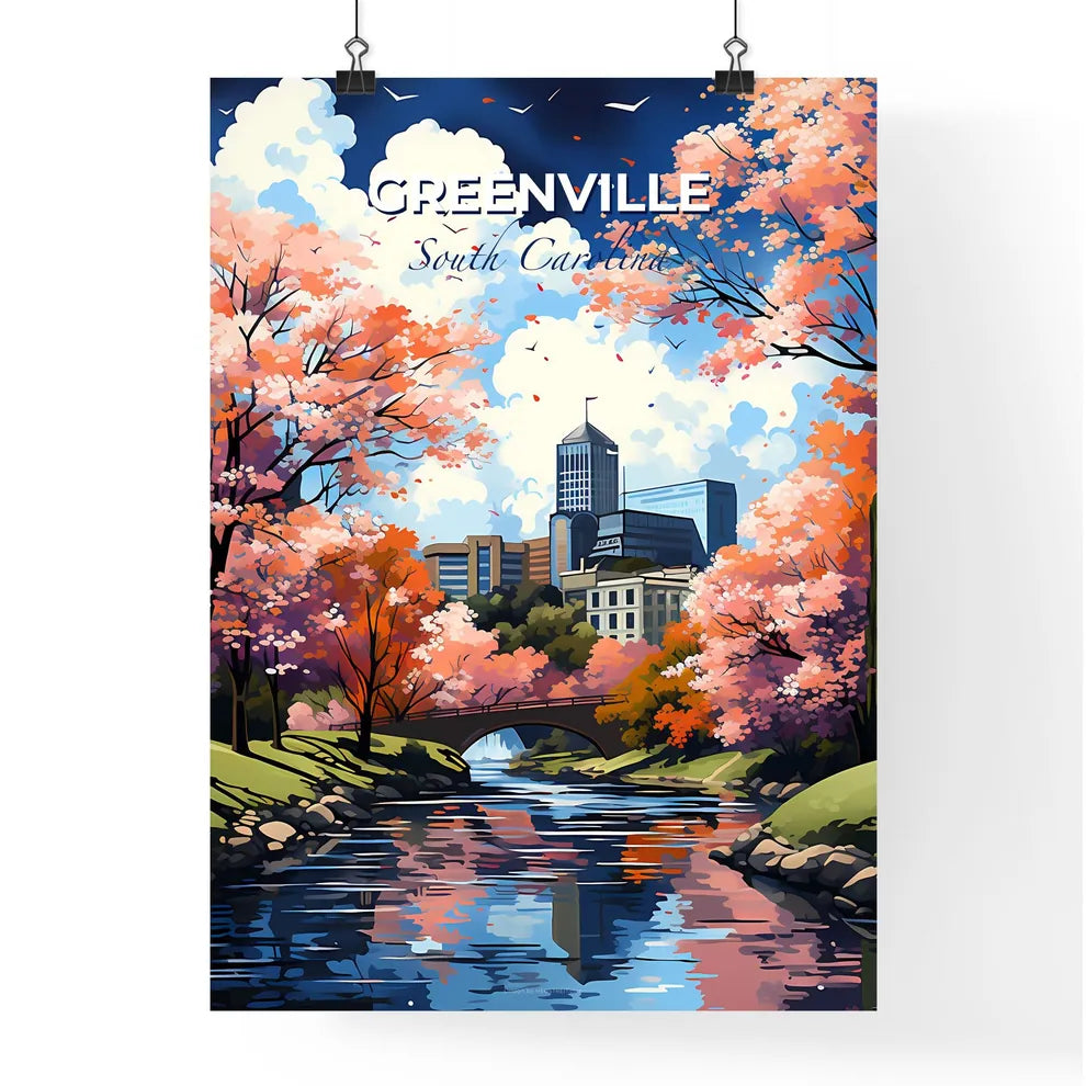 Greenville, South Carolina, A Poster of a river with pink trees and a bridge in the background Default Title