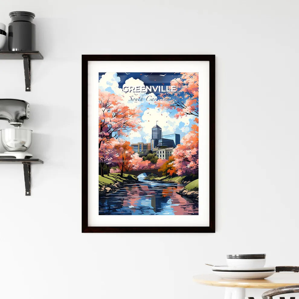 Greenville, South Carolina, A Poster of a river with pink trees and a bridge in the background Default Title