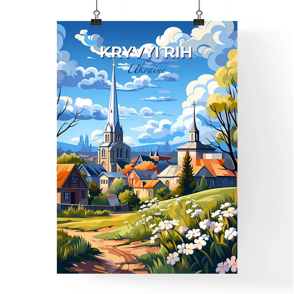 Kryvyi Rih, Ukraine, A Poster of a painting of a village with a church and trees Default Title