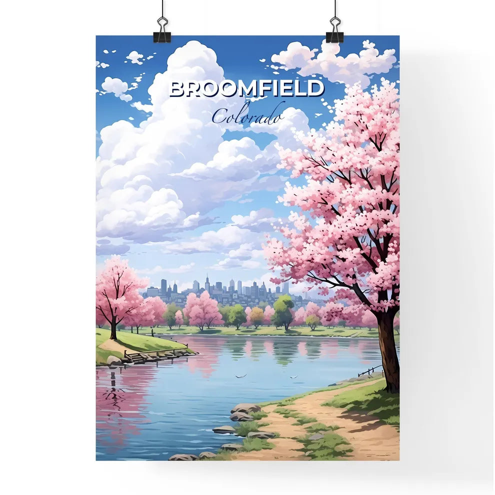 Broomfield, Colorado, A Poster of a river with pink trees and a city in the background Default Title