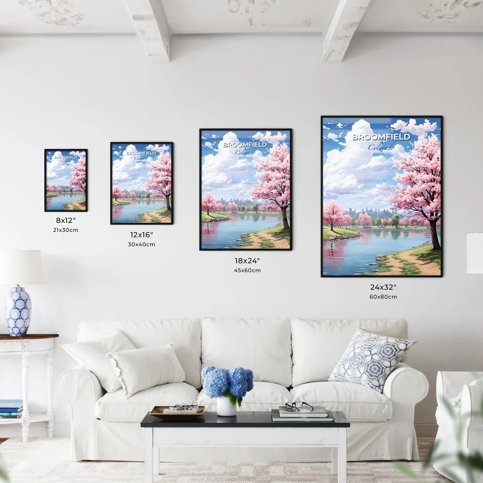 Broomfield, Colorado, A Poster of a river with pink trees and a city in the background Default Title