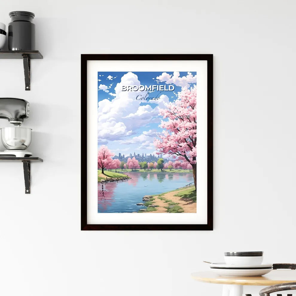 Broomfield, Colorado, A Poster of a river with pink trees and a city in the background Default Title