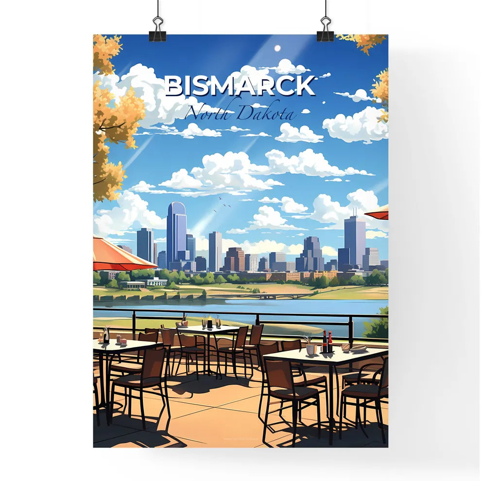 Bismarck, North Dakota, A Poster of a city skyline with a river and tables and umbrellas Default Title