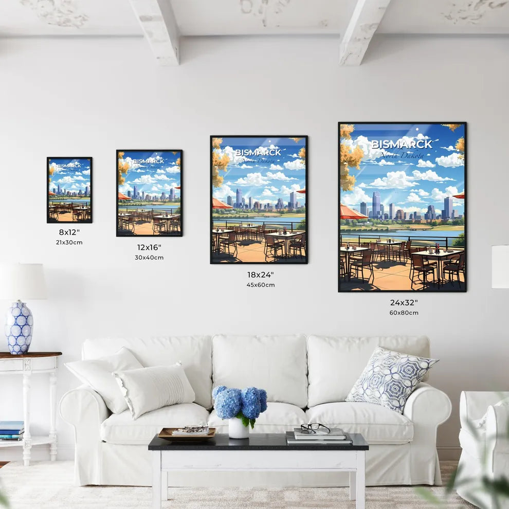 Bismarck, North Dakota, A Poster of a city skyline with a river and tables and umbrellas Default Title