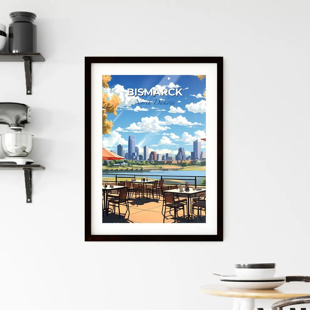 Bismarck, North Dakota, A Poster of a city skyline with a river and tables and umbrellas Default Title