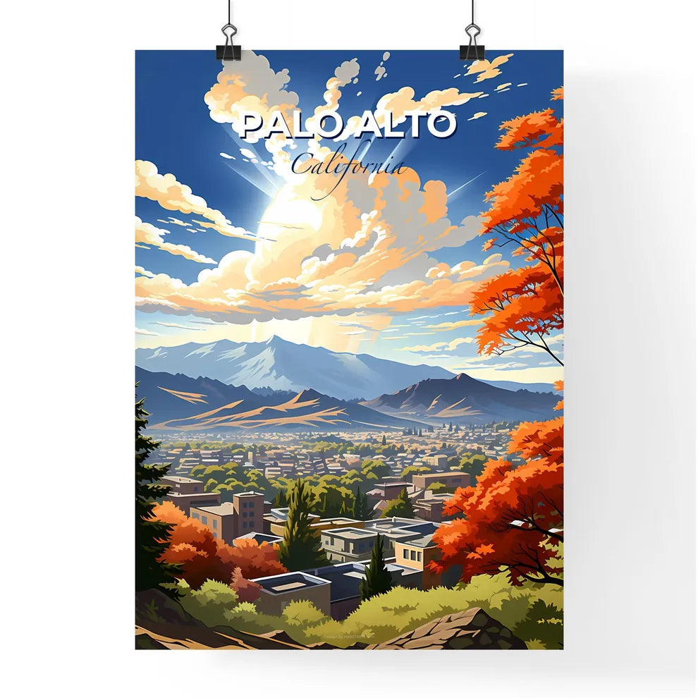 Palo Alto, California, A Poster of a landscape of a city with mountains and trees Default Title