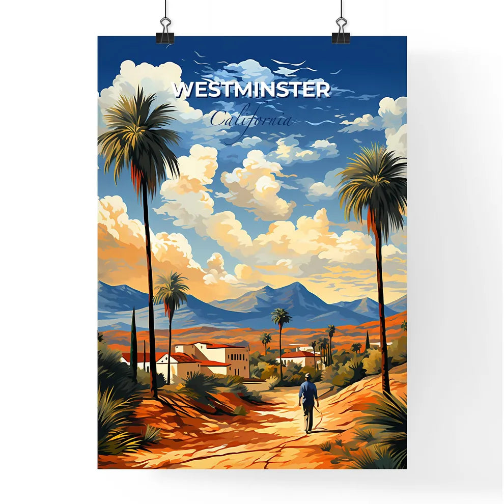 Westminster, California, A Poster of a man walking on a dirt road with palm trees and mountains Default Title
