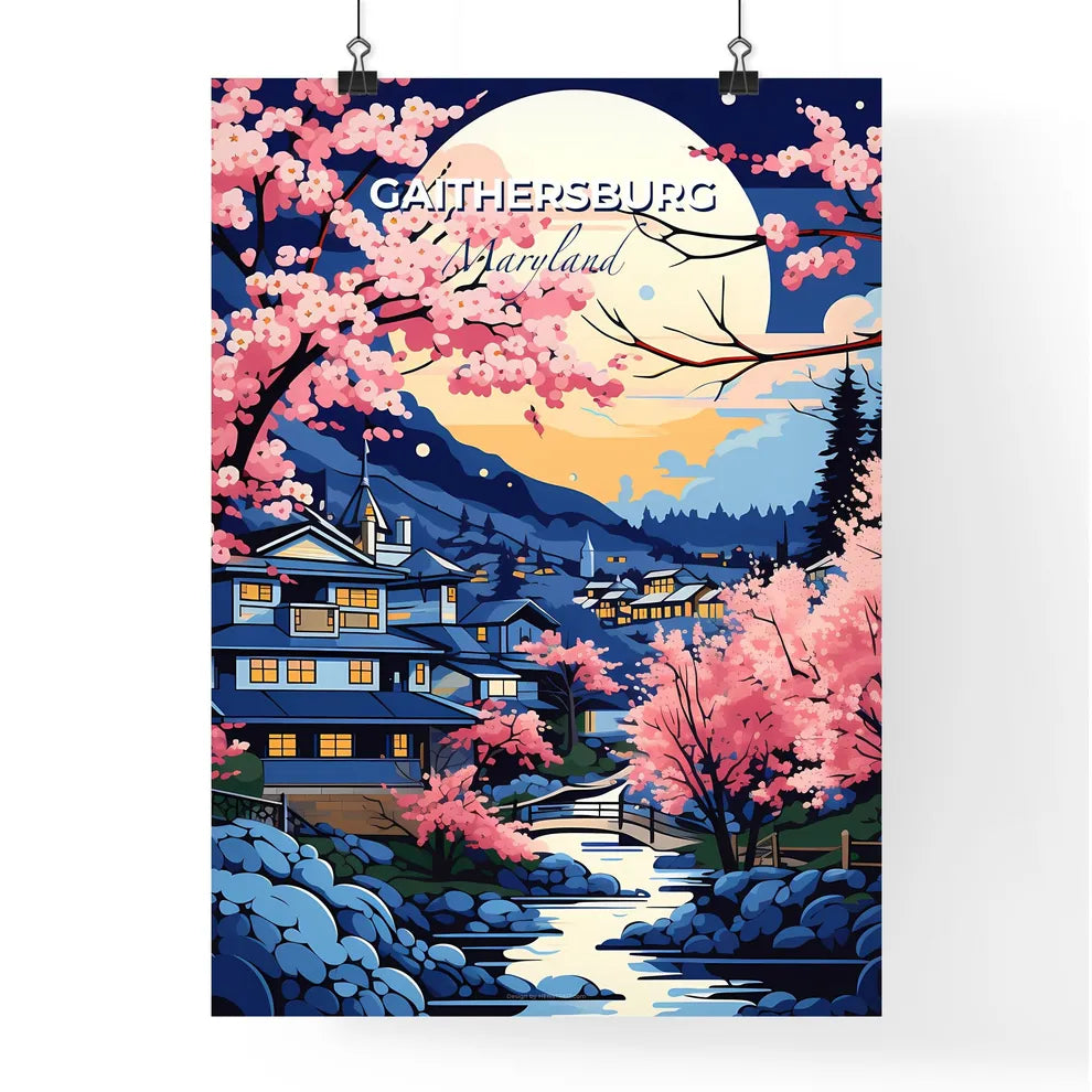 Gaithersburg, Maryland, A Poster of a painting of a house and a river with pink flowers Default Title