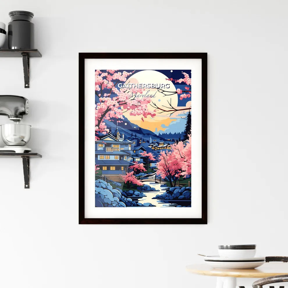 Gaithersburg, Maryland, A Poster of a painting of a house and a river with pink flowers Default Title