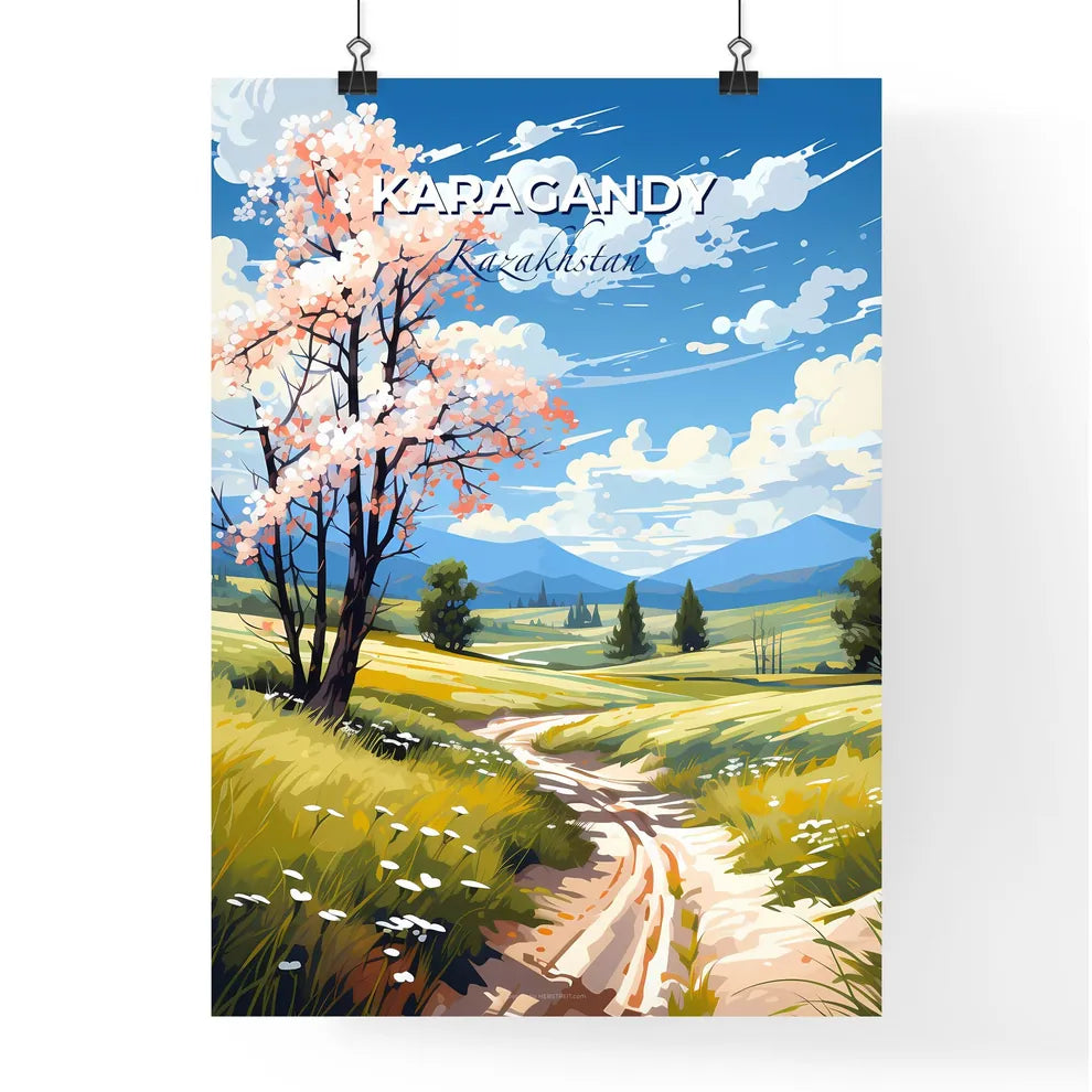 Karagandy, Kazakhstan, A Poster of a dirt road through a field with trees and mountains Default Title