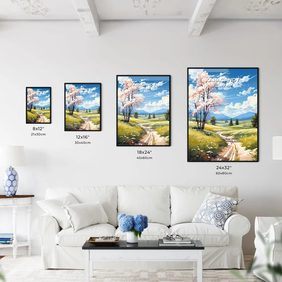 Karagandy, Kazakhstan, A Poster of a dirt road through a field with trees and mountains Default Title