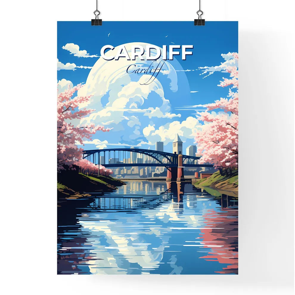 Cardiff, Cardiff, A Poster of a bridge over a river with pink flowers Default Title
