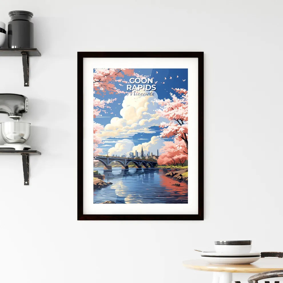 Coon Rapids, Minnesota, A Poster of a bridge over a river with pink trees and a city in the background Default Title