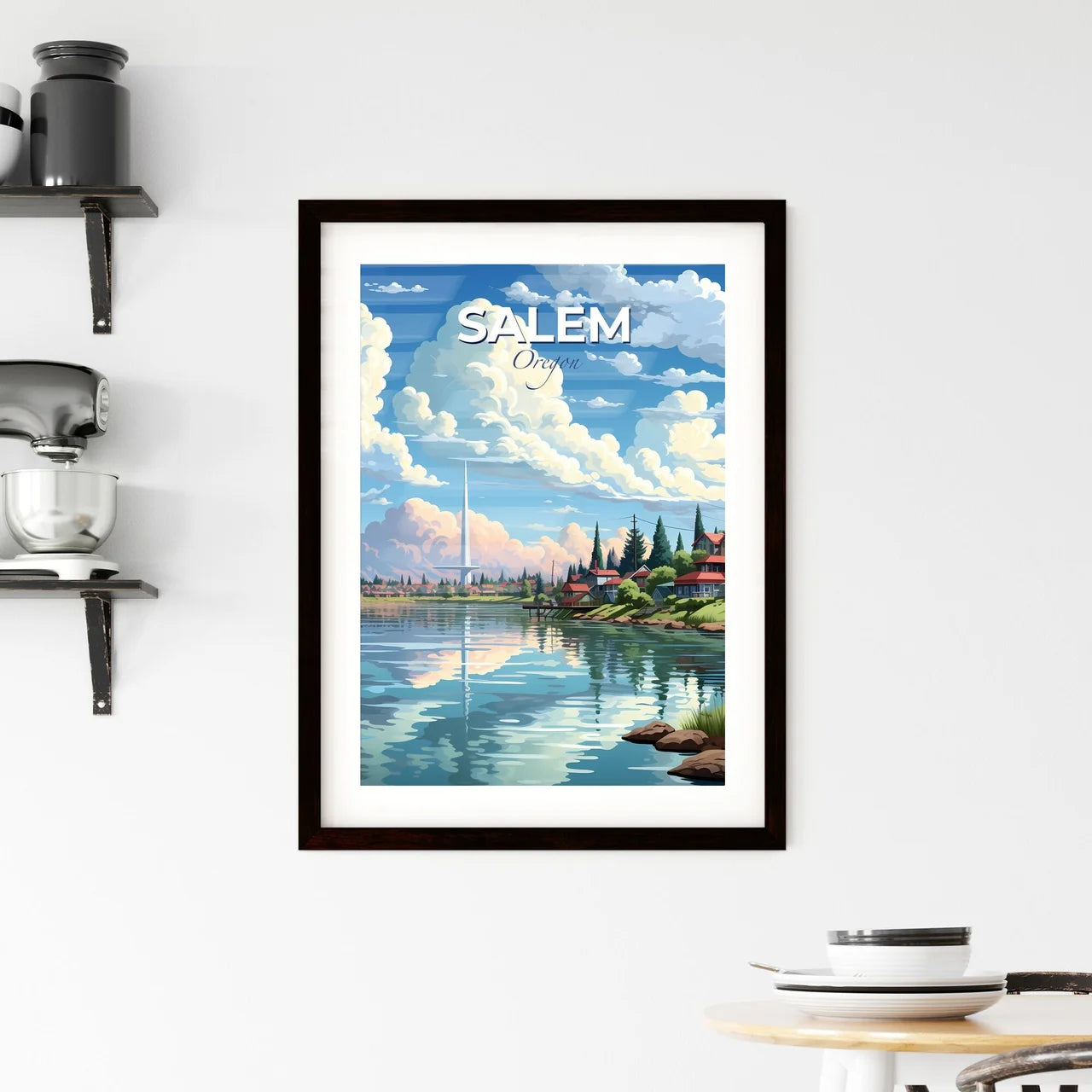 Salem, Oregon, A Poster of a landscape of a lake with houses and trees Default Title