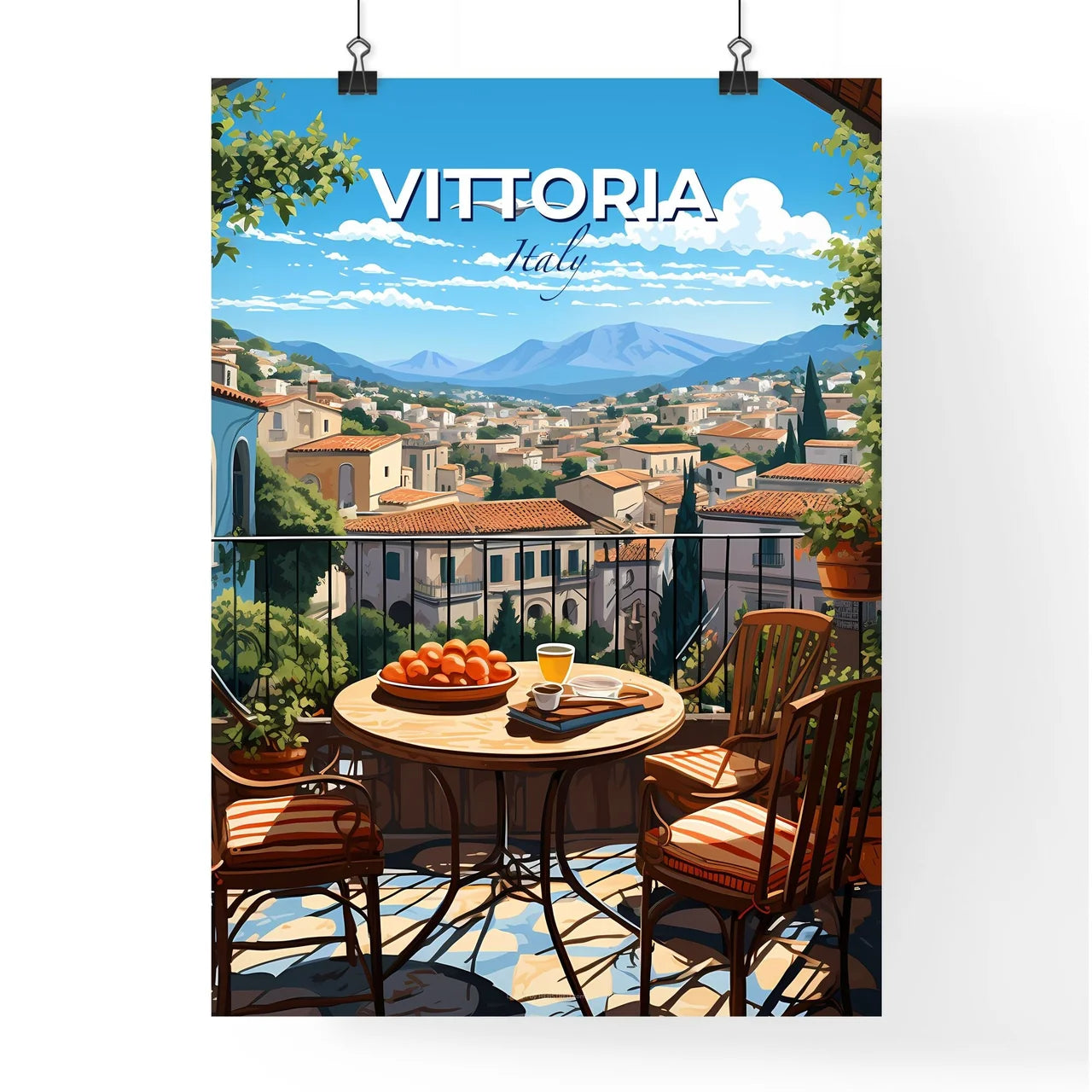 Vittoria, Italy, A Poster of a table with oranges and a cup of tea on a balcony overlooking a city Default Title