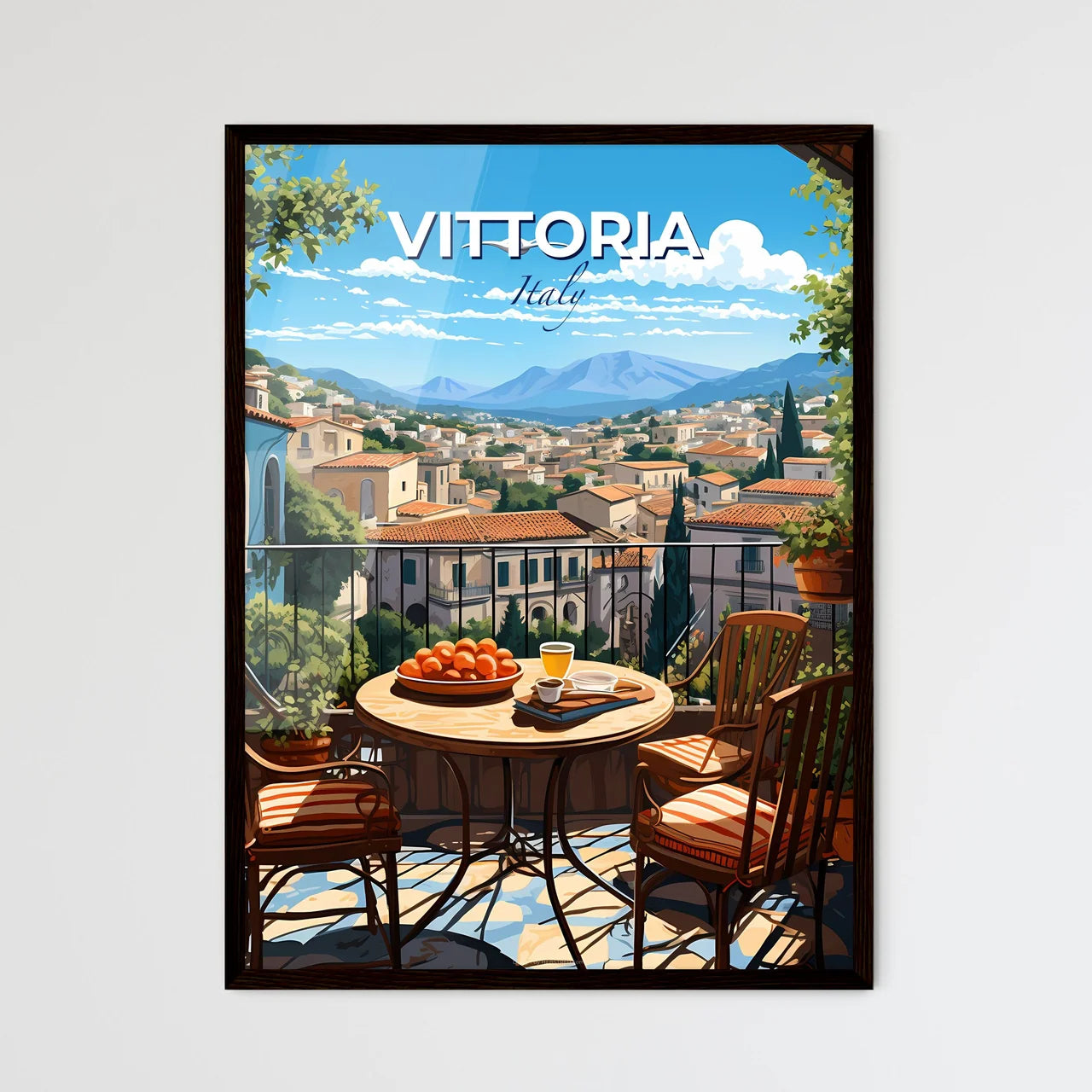 Vittoria, Italy, A Poster of a table with oranges and a cup of tea on a balcony overlooking a city Default Title