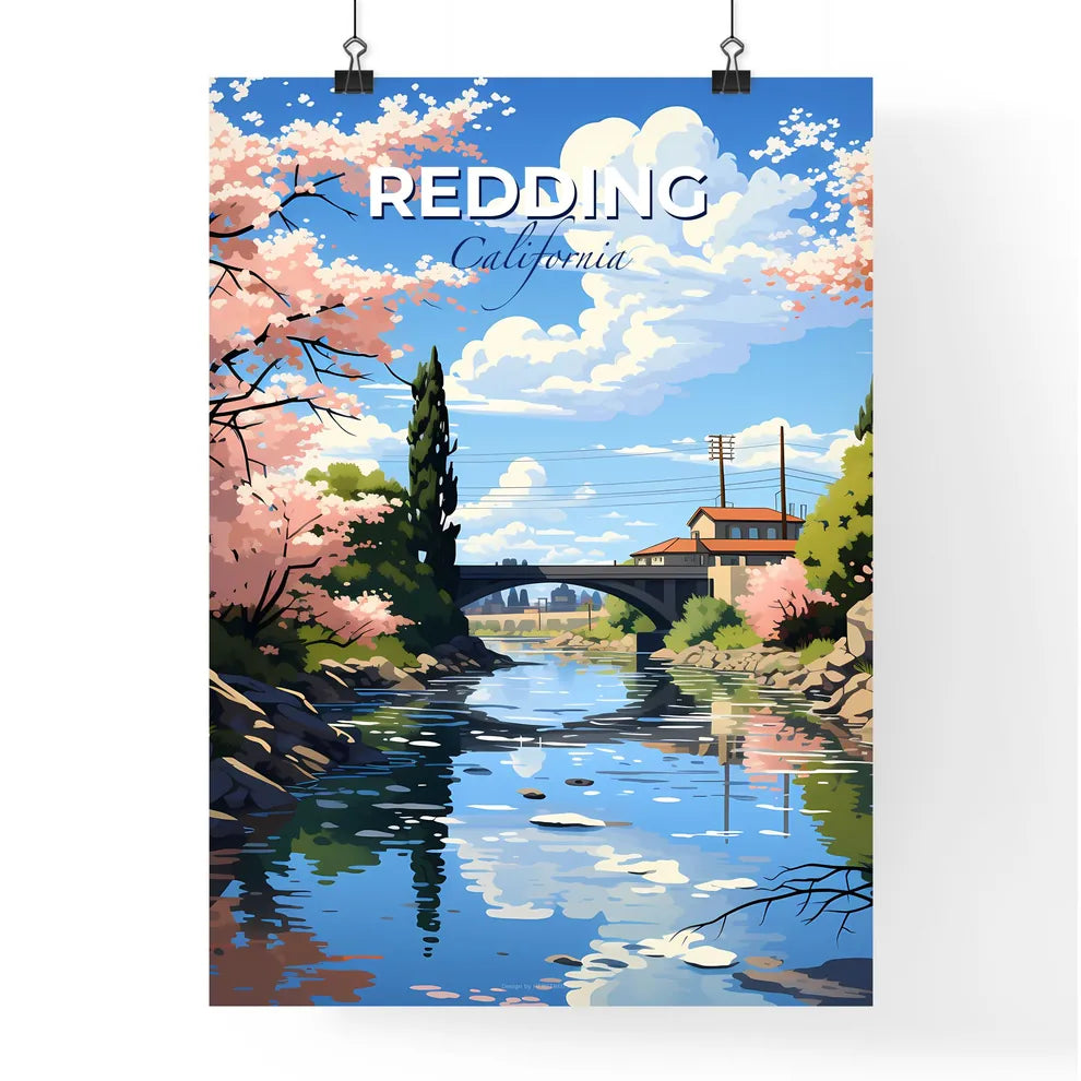 Redding, California, A Poster of a river with a bridge and trees Default Title