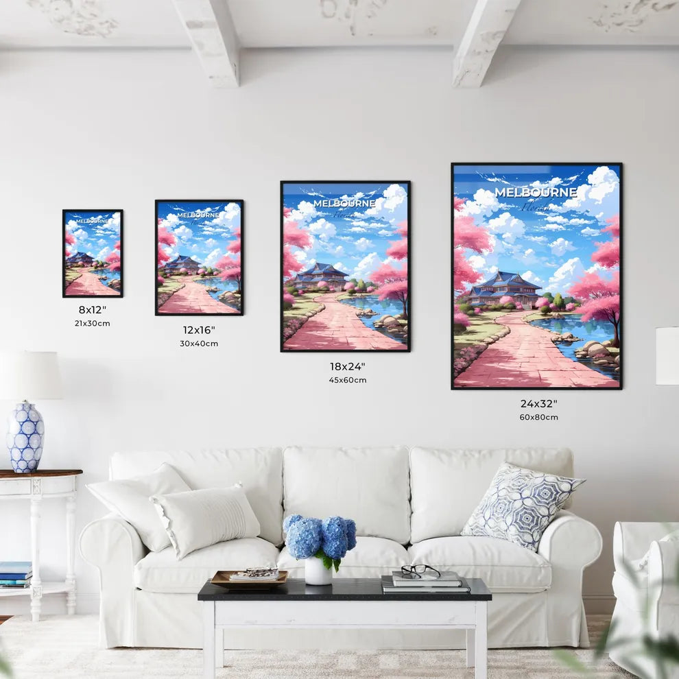 Melbourne, Florida, A Poster of a house with pink trees and a pond Default Title