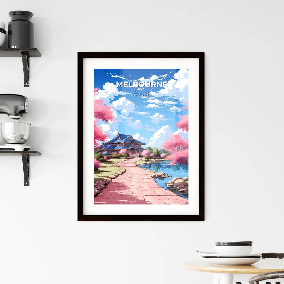 Melbourne, Florida, A Poster of a house with pink trees and a pond Default Title