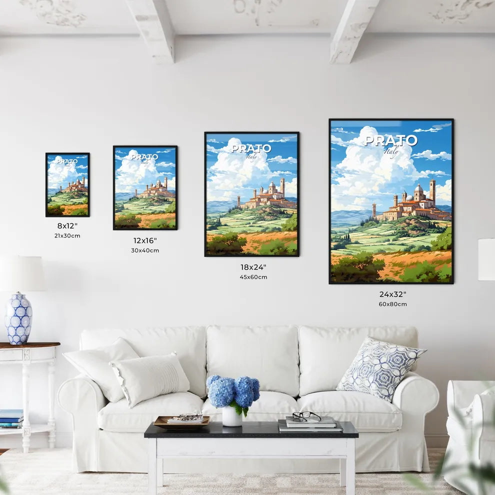 Prato, Italy, A Poster of a landscape with a castle and trees Default Title