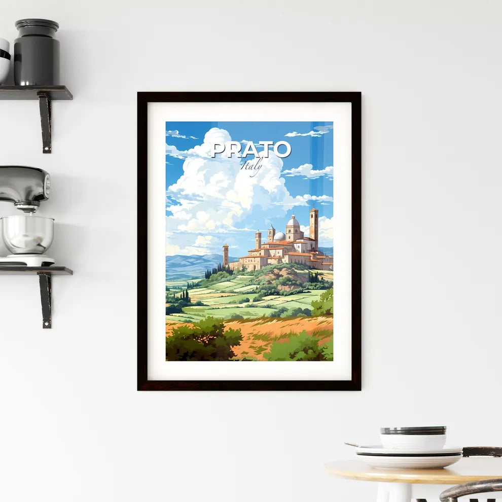 Prato, Italy, A Poster of a landscape with a castle and trees Default Title