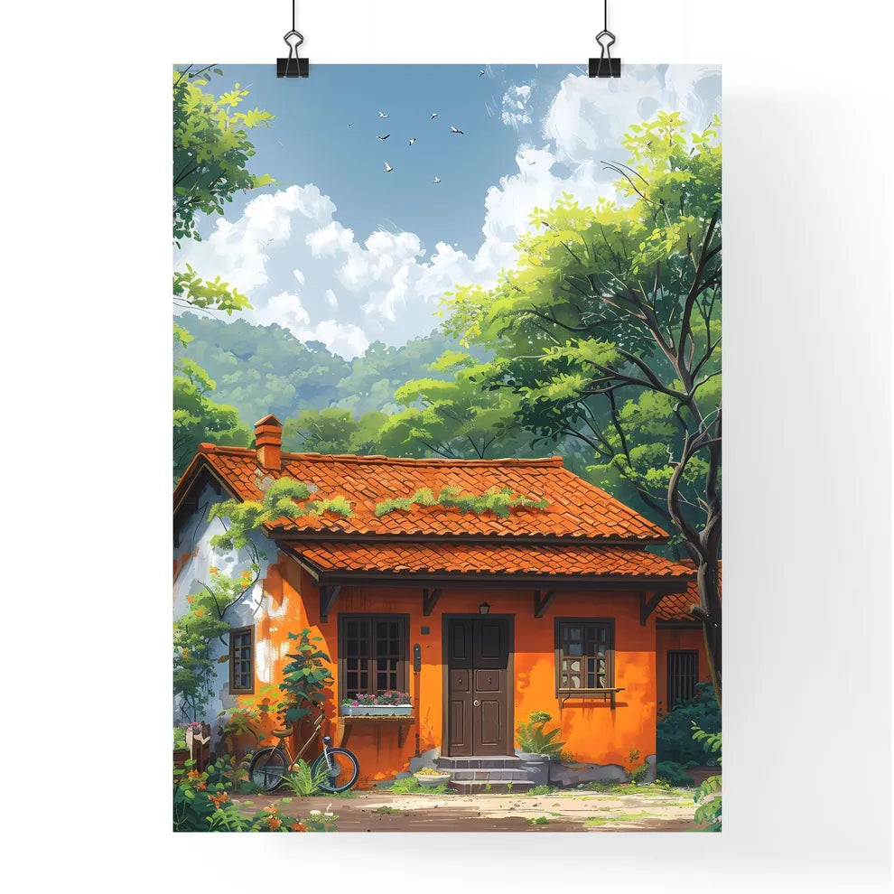 Vibrant Art Painting: House with Trees, Buildings, Roads, Kiosks, Cycles, Clean Background, Simplicity Poster