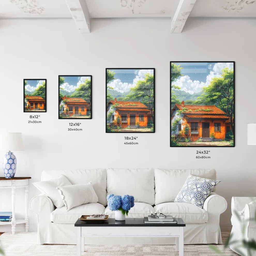 Vibrant Art Painting: House with Trees, Buildings, Roads, Kiosks, Cycles, Clean Background, Simplicity Size Chart