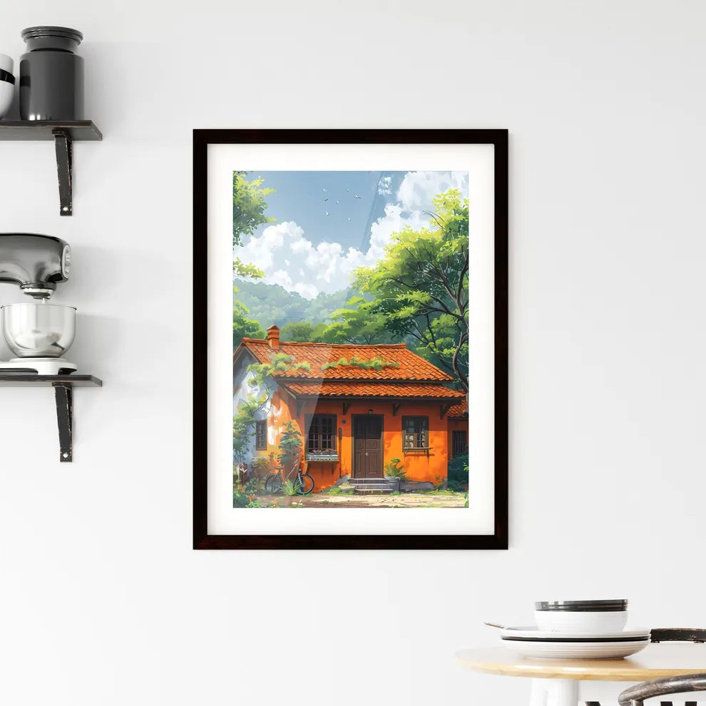 Vibrant Art Painting: House with Trees, Buildings, Roads, Kiosks, Cycles, Clean Background, Simplicity Custom Print