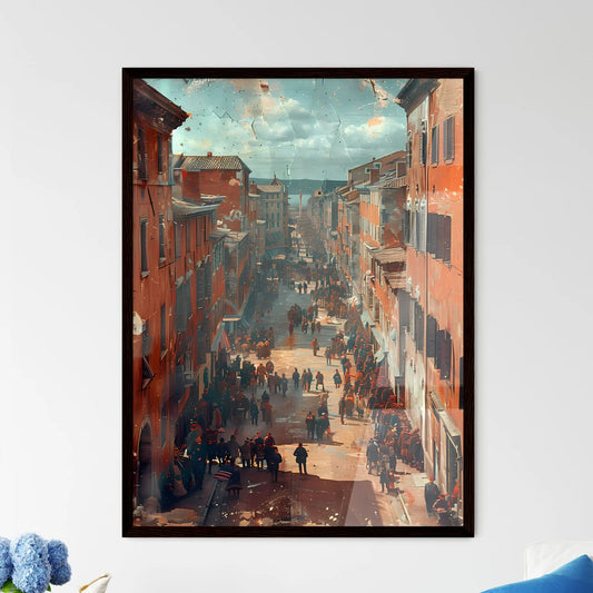 Artistic Street Scene Painting: Bustling Cityscape with Figures, Market Vibes, Modern Art Framed Art