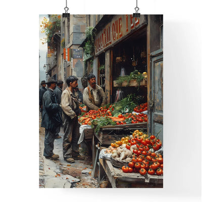 19th Century French Paris Market Street Scene, City Life, Painting, Art, Market View, People Come and Go, Vegetable Stand, Men