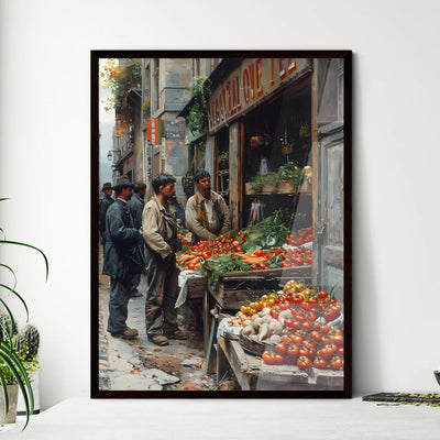 19th Century French Paris Market Street Scene, City Life, Painting, Art, Market View, People Come and Go, Vegetable Stand, Men