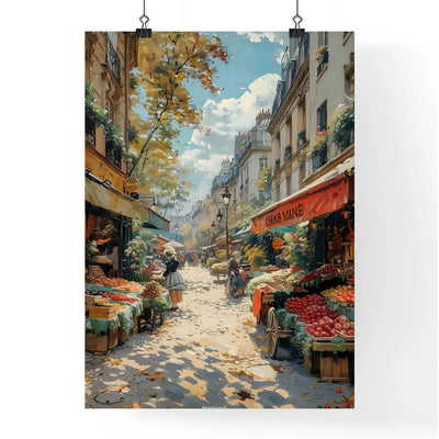 19th Century Paris Street Market Scene Depicting People and Market Stalls Selling Fruits and Vegetables with a Focus on Artistic Interpretation