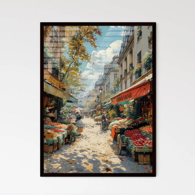 19th Century Paris Street Market Scene Depicting People and Market Stalls Selling Fruits and Vegetables with a Focus on Artistic Interpretation