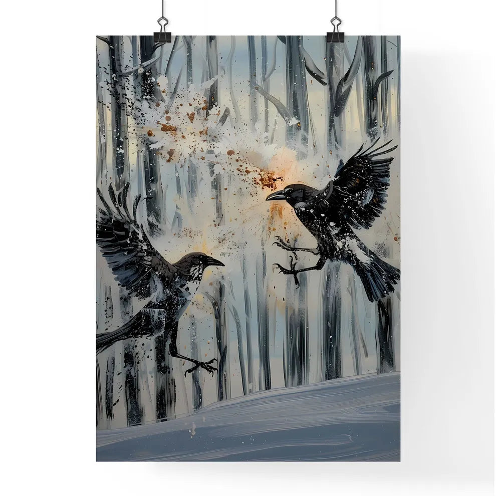 Colorful painting of 2 crows fighting in the snow Poster