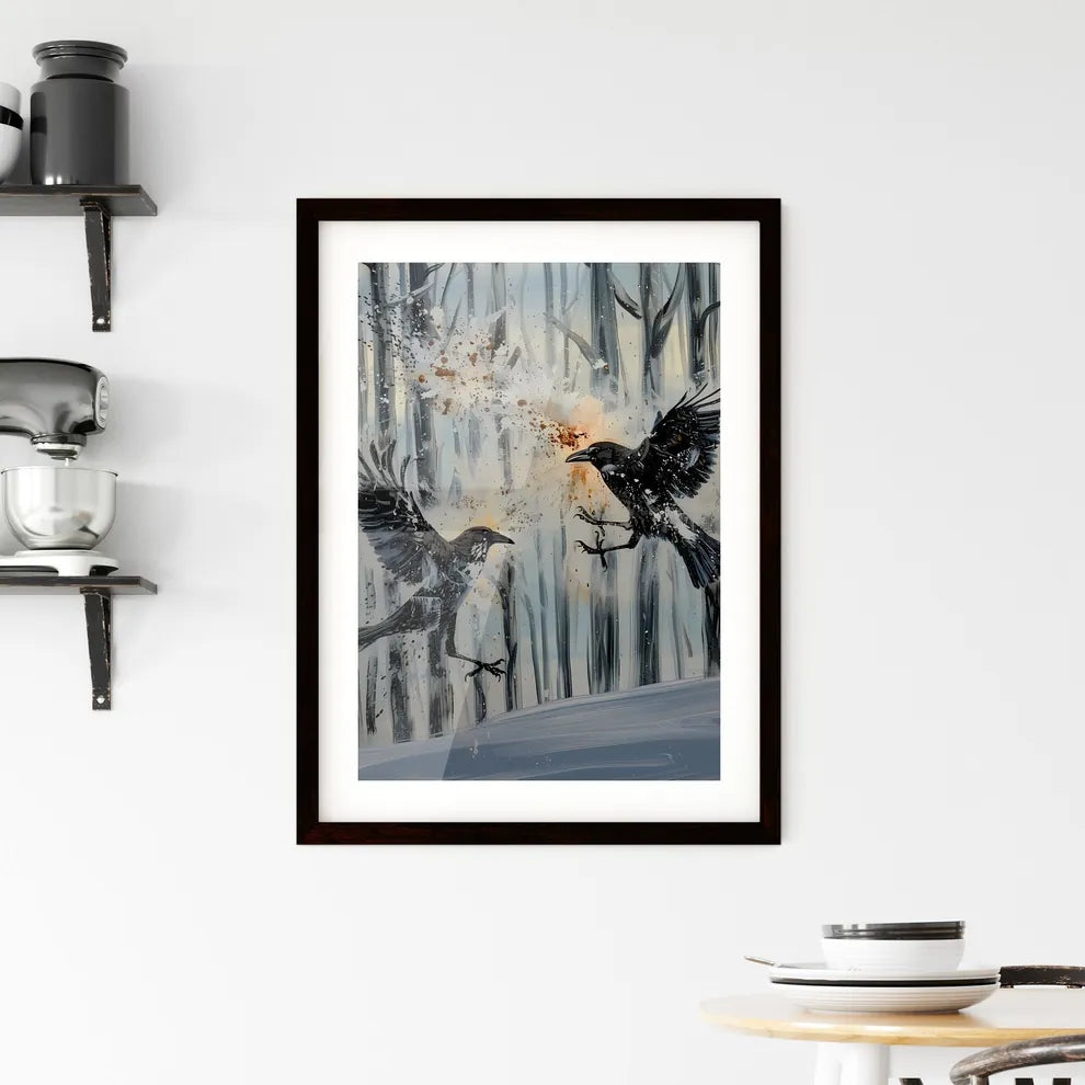 Colorful painting of 2 crows fighting in the snow Framed Print