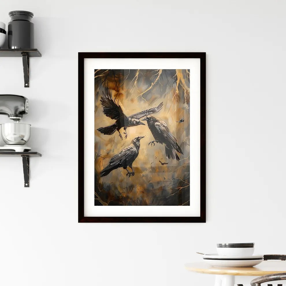 Artful Depiction of Birds in Flight: Vibrant Painting of Crows Battling Mid Framed Print