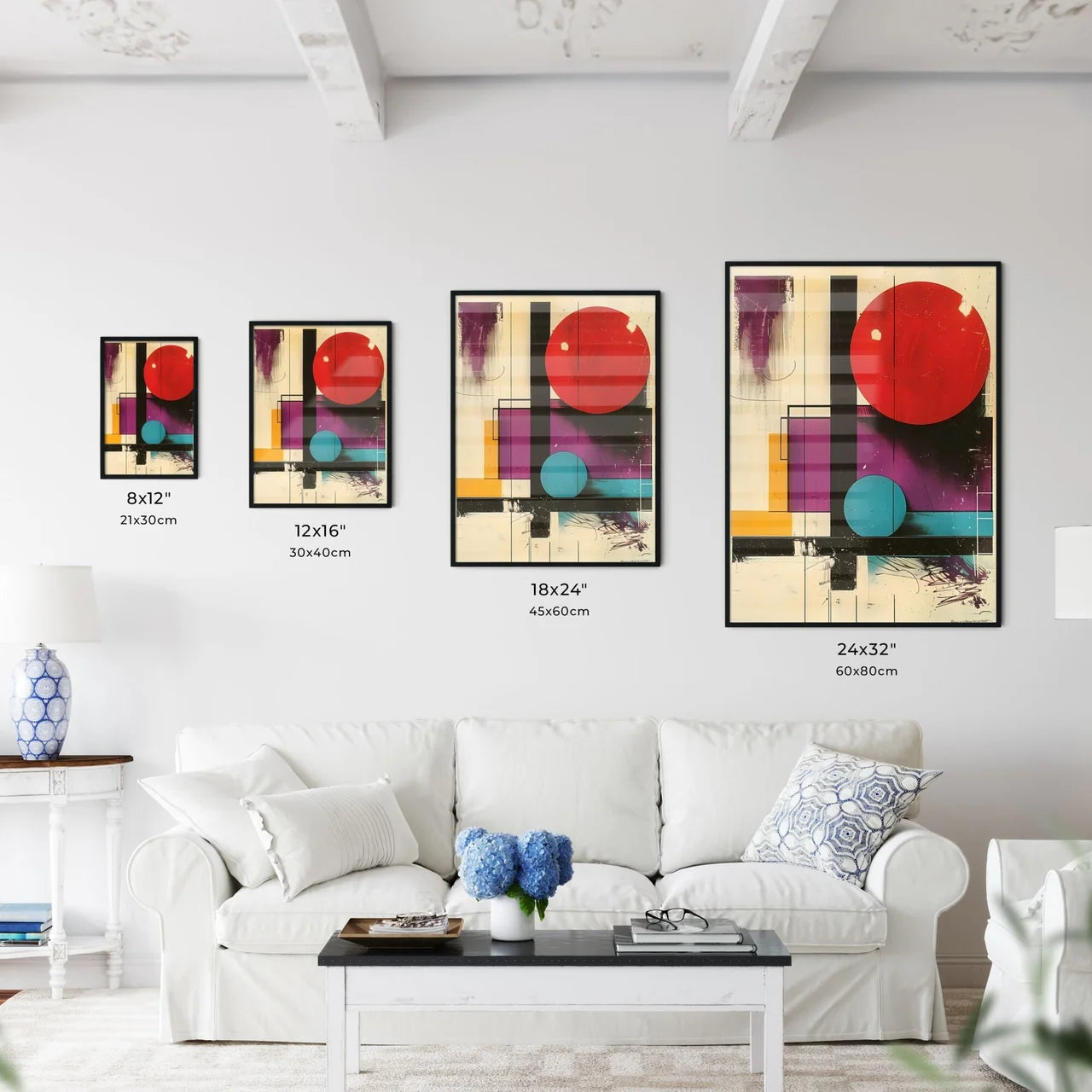 Bauhaus 1919 Style Colorful Modern Art Painting with Geometric Shapes and Vibrant Colors Size Chart
