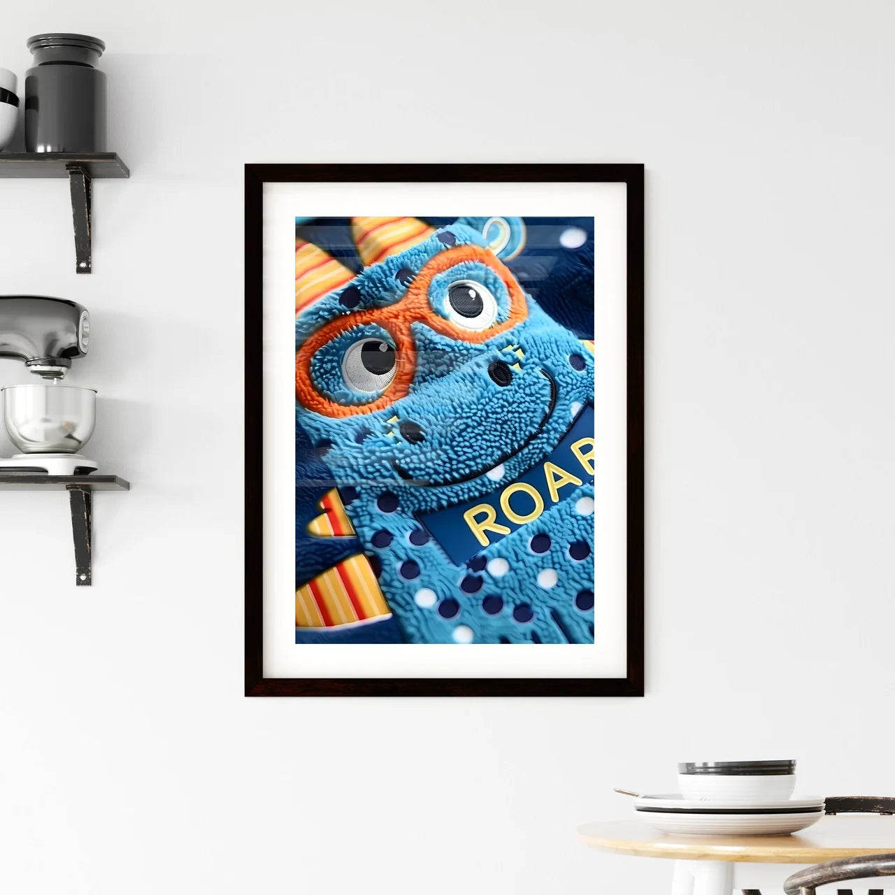 Blue Dinosaur in Glasses with ROAR Letters Framed Print
