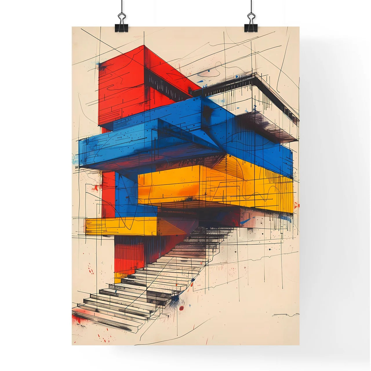 Modernist Architecture: Bold Geometric Shapes, Primary Colors, Minimalist Simplicity, Black and White Contrasts, Drawing Poster