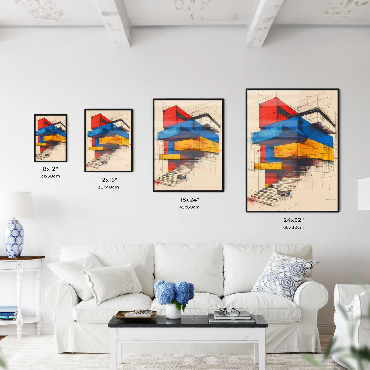 Modernist Architecture: Bold Geometric Shapes, Primary Colors, Minimalist Simplicity, Black and White Contrasts, Drawing Size Chart