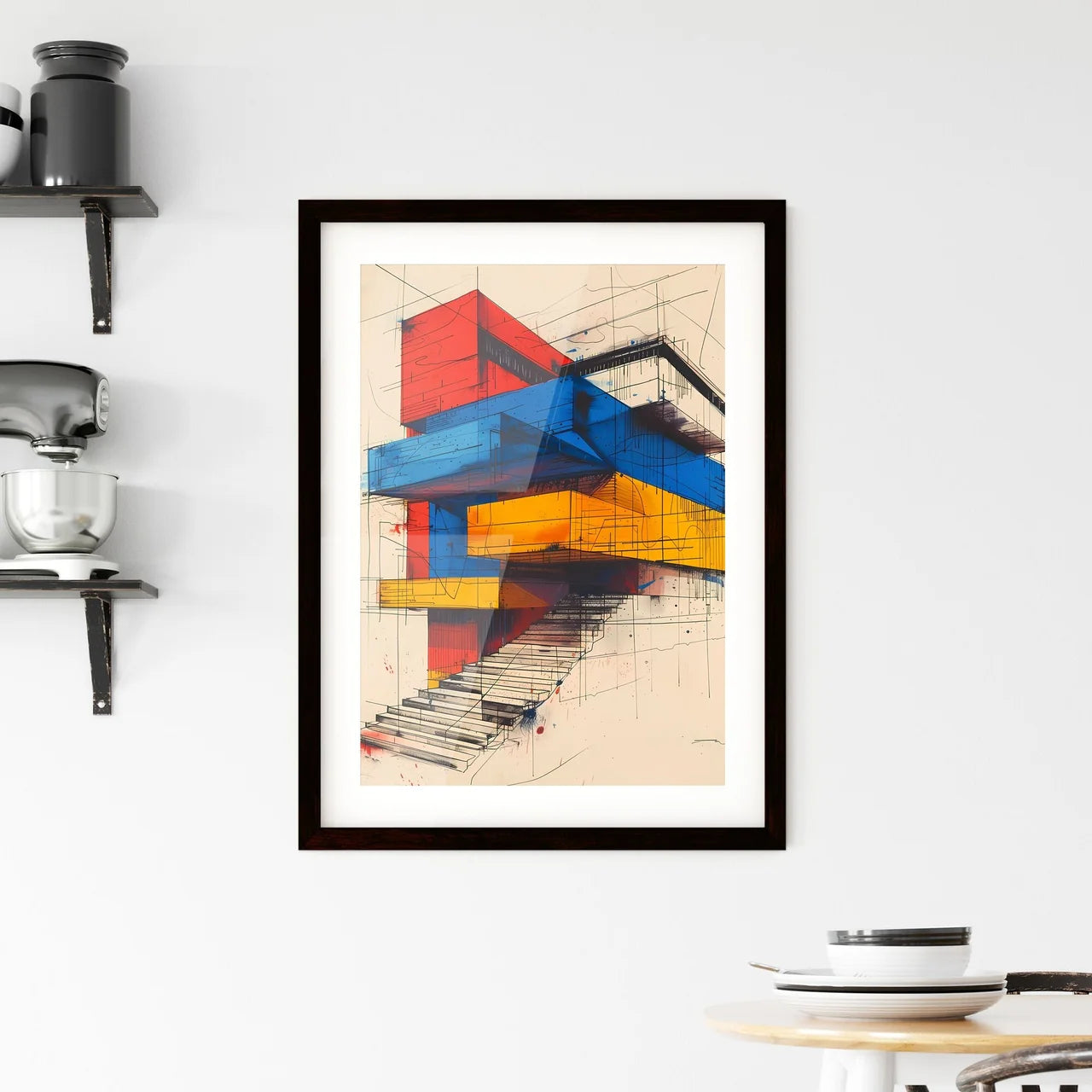 Modernist Architecture: Bold Geometric Shapes, Primary Colors, Minimalist Simplicity, Black and White Contrasts, Drawing Custom Print