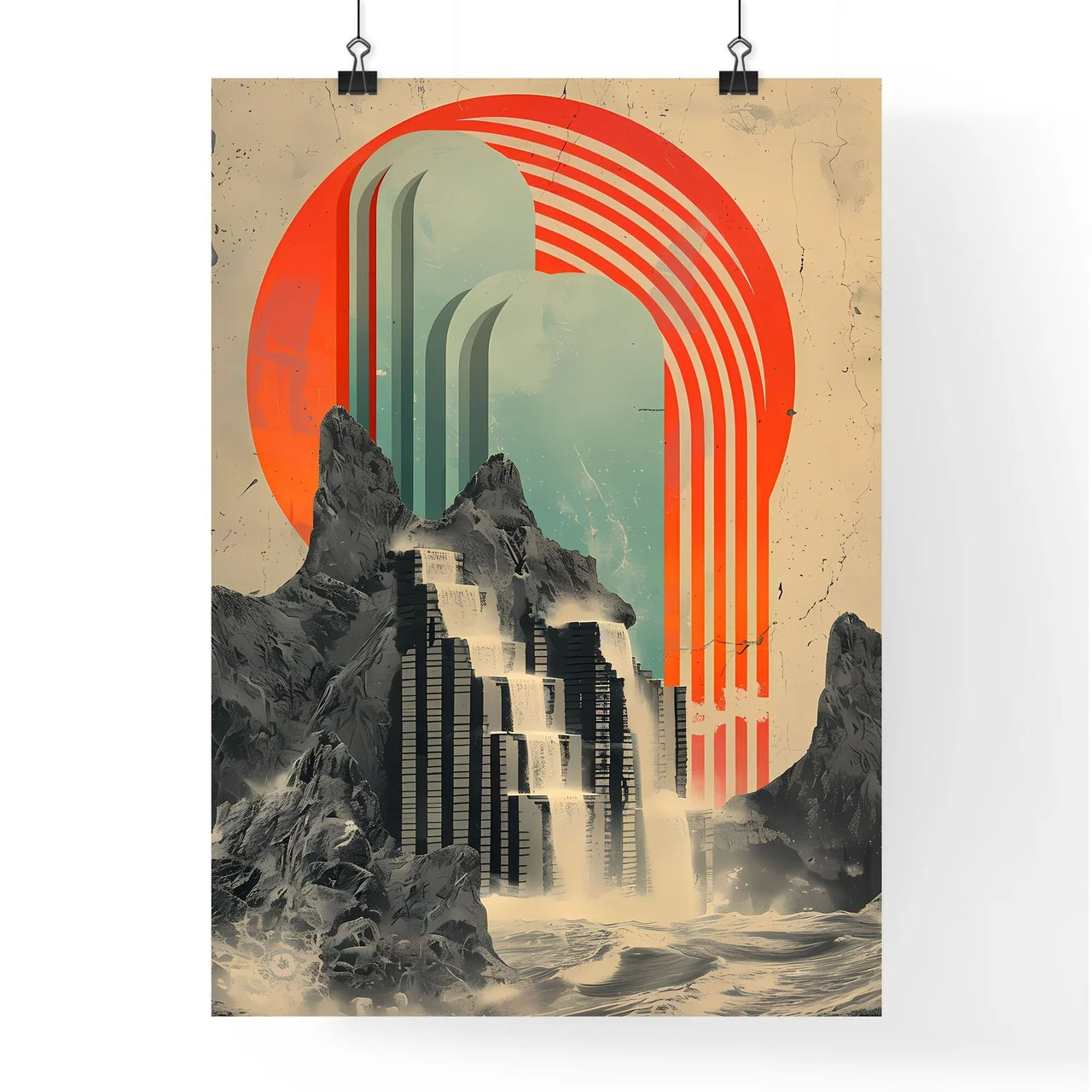 Vintage Art Deco Waterfall Painting: Fluid Metallic Rectangles Mesopotamia Warmcore Stimwave Poster