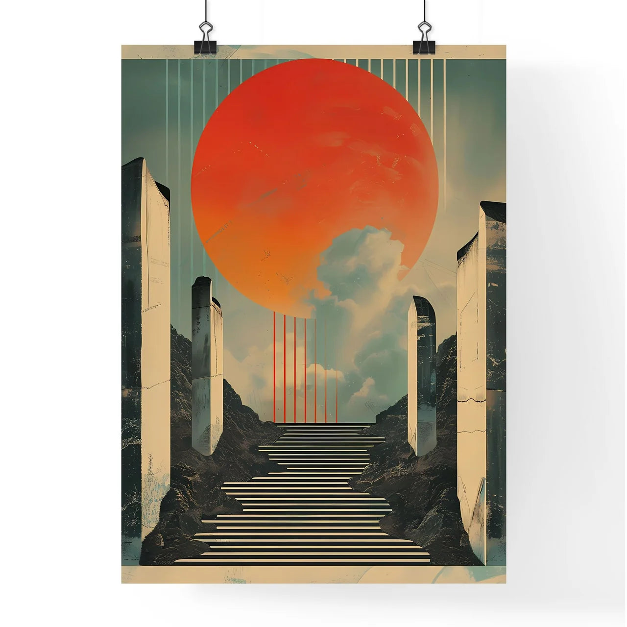 Vibrant Mesopotamian-Inspired Graphic: Stairway to the Sun in Vintage Poster Style with Metallic Rectangles and Warm Colors, Fluid Lines, and Art Focus Poster