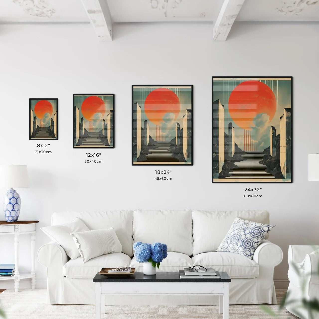 Vibrant Mesopotamian-Inspired Graphic: Stairway to the Sun in Vintage Poster Style with Metallic Rectangles and Warm Colors, Fluid Lines, and Art Focus Size Chart